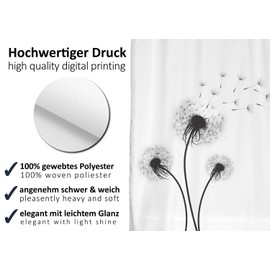 arteneur® - Dandelion Black and White - Anti-Mould Shower Curtain 200 x 220 cm - Recycled with Oeko-Tex Standard 100 - Weighted Hem, Opaque, Waterproof, Washable, 12 Rings