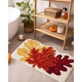 DyeFury Fall Bathroom Rugs Maple Leaf Rug, Cute Fall Decor for Autumn Farmhouse Bathroom Kitchen, Non-Slip Fun Fall Pumpkin Bath Mat, Washable Microfiber Bath Rug, 20'' x 30'', Yellow/Orange/Rust