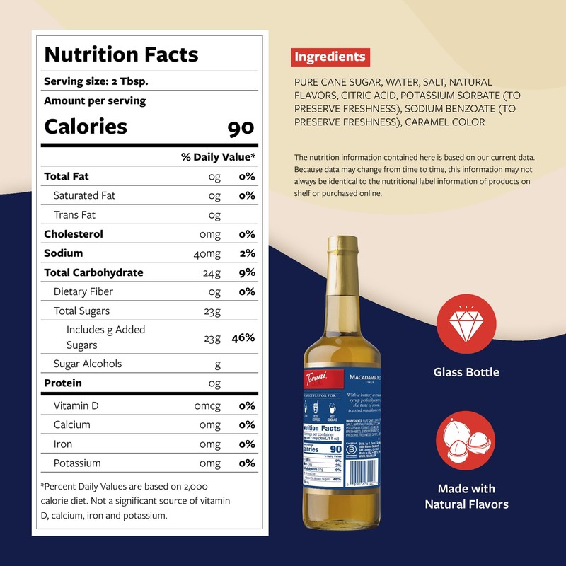 Torani Coffee Syrup, Macadamia Nut Flavoring for Drinks, Glass Bottle