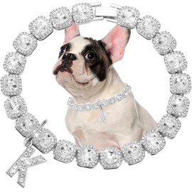 Silver Dog Chain Diamond Cuban Collar with K Letter Tag Walking Metal Chains Collars Secure Buckle,Pet Cuban Link Jewelry Accessories for Small Medium Dogs Cats(16")