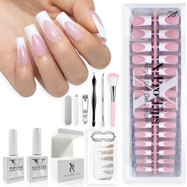 SXC Cosmetics French Tip Press On Nails, Pink Starter Kit, Ultra Fit with Pre-applied Tip Primer and Base Coat, Nail Art DIY X-Pro Tips Kit Nail Care:_Short Coffin Kit