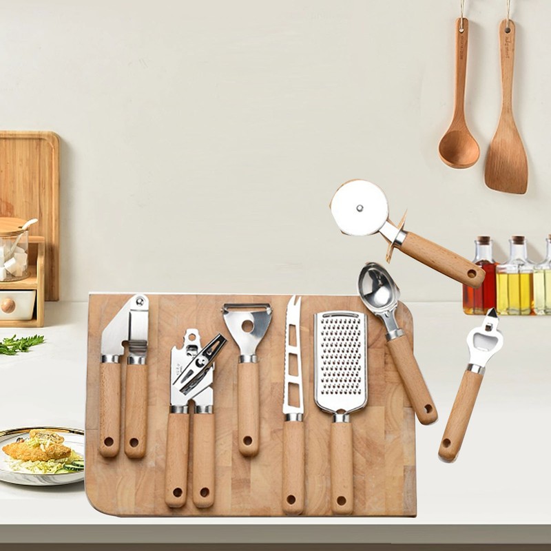 9PCS Kitchen Utensil Set Stainless Steel Wooden Handle Portable Baking