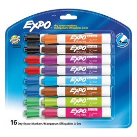 EXPO Dry Erase Markers, Whiteboard Markers with Low Odour Ink, Chisel Tip, Assorted Colours, 16 Count
