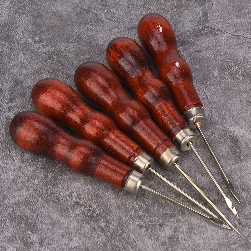 Wooden Handle Awl Hole Punch Sewing Stitching Tool, 5PCS for