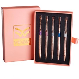 Veway Luxury Pens For Women - Luxury Pen Set with 5 Refillable Pretty Fancy Pens For Women - Pen Sets For Women Gift - Rose Gold Pens Cute - Motivational Cute Pens for Women - Exclusive Pen Gift