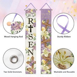 Deroro Easter Blessing He is Risen Christian Porch Banner Sign, Religious Cross Lily Flowers Purple Front Door Decorative Hanging Welcome Banner Flag, Spring Egg Bible Decoration Home Outdoor Decor