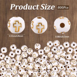 PONABEADIY 1 Box 800PCS 8MM White Gold Round Crucifix Cross Beads with Holes Christian Prayer Blessed Spacer Acrylic Charms Loose Bead Bulk for Jewellery Making Bracelets Necklace Diy Craft Supplies