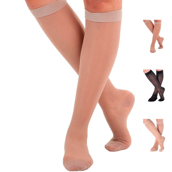 ABSOLUTE SUPPORT Made in USA - Compression Socks for Women Circulation 20-30mmHg - Womens Sheer Compression Stockings for Swelling, Lymphedema, DVT, Post Surgery Recovery - Nude, Large - A205NU3