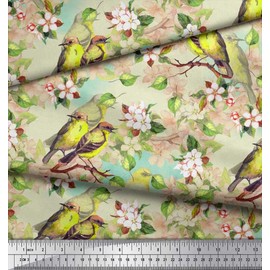 Soimoi Beige Cotton Canvas Fabric Leaves,Peach Floral & American Robin Bird Printed Fabric 1 Yard 56 Inch Wide