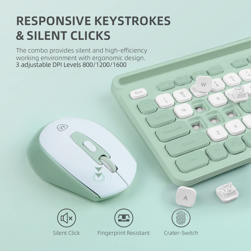 Green Wireless Keyboard and Mouse Combo, 2.4G Ergonomic Wireless Computer