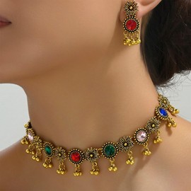 Bollywood Oxidized Indian Jewelry Set - Gold Jhumkas, Earrings, Necklace - Traditional Vintage Ethnic Accessories for Women's Indian Dresses & Costume Outfits