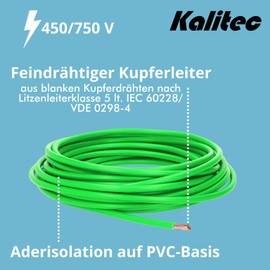 Kalitec 10 m X07V-K 1.5 mm² Green Wiring Cable, Flexible Wire Cable, PVC Single Wire, 1.5 mm² Wire, Fine-Strand Wiring, Single Wire, Single Wire, Switch Wire