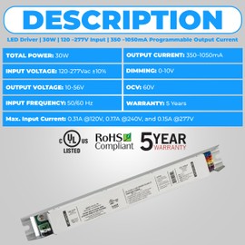 OhLectric 30 Watt Replacement for OTi30/120-277/1A0 DIM-1 L- Dimmable Constant Current Programmable Linear LED Driver -120-277 Volt - 50/60 Hz Input Frequency -UL Listed for Safety