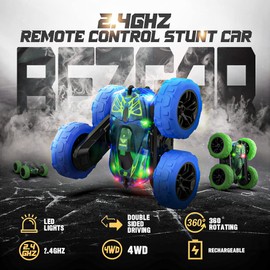 BEZGAR LED Remote Control Car for Boys 4-7, 2.4GHz Double Side 360 Flips RC Stunt Car for Boys 8-12, 4WD All Terrain Stunt Car with Rechargeable Battery