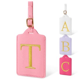 Initial Letter Luggage Tag for Luggage, Waterproof PU Leather Travel Luggage Tag, Monogrammed Suitcase Tags, Bag Tags for Handbags (Pink)