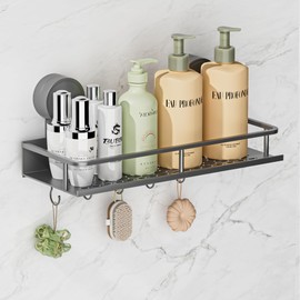 Wisfame Rustproof Shower Caddy Suction Cup,No Drilling Max Hold 10KG Bathroom Shelf with 5 Hooks,Removable Waterproof Bathroom Basket Storage Organizer for Shower Accessories - Grey