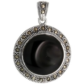 Sterling Silver Marcasite Round Pendant, w/Cabochon Cut 21 mm Jet Stone, 1 3/8" (34 mm) Tall