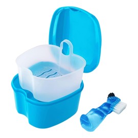Denture Box Cleaning Set with Denture Brush, Denture Box Prosthesis Container with Hanging Strainer, Portable Denture Box, Braces Box, Storage Box (Light Blue)