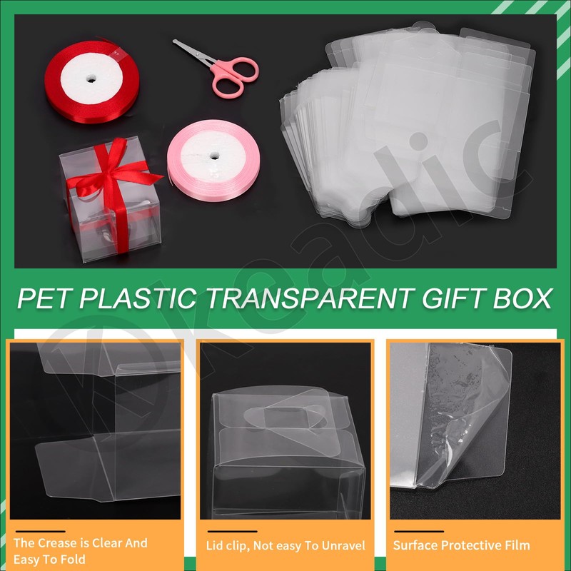 Keadic 33Pcs Clear Square Favor Boxes with Gift Ribbons, Scissors,
