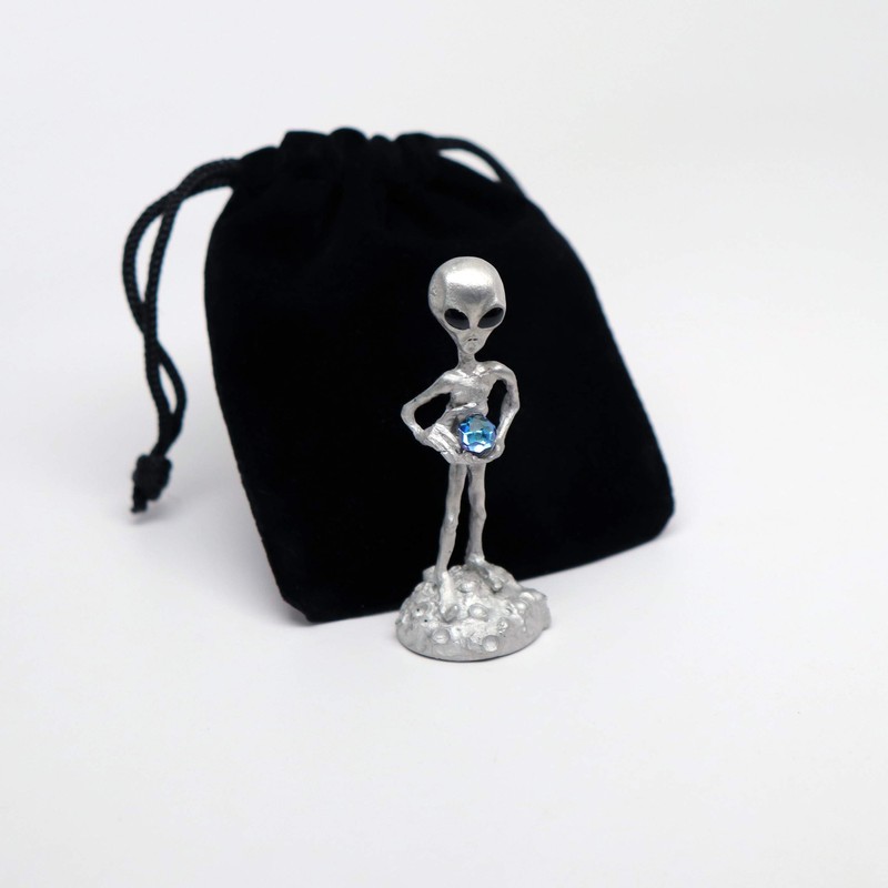 UFO Alien Holding Faceted Crystal Ball Pewter Statue
