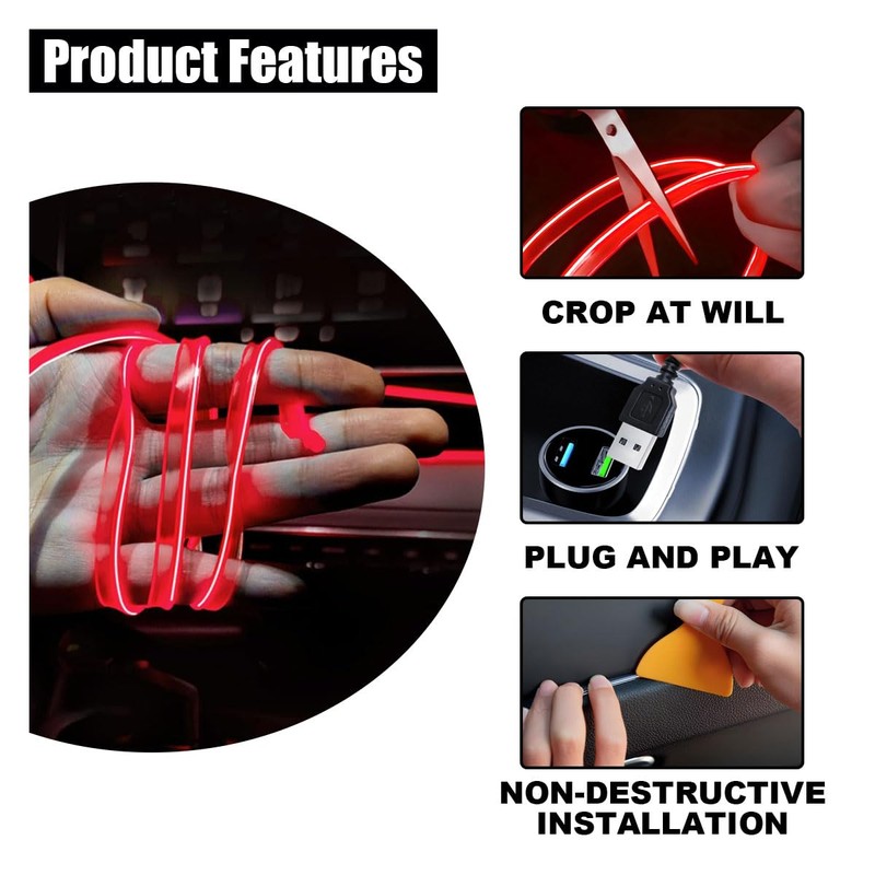 EL Wire Interior Car LED Strip Lights, USB Car Neon