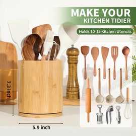 gorsent Wooden Utensil Holder, 360°Rotating 7.3'' Large Utensil Holder for Kitchen Counter, Kitchen Utensil Organizer, Utensil Crock, Farmhouse Kitchens Countertop Decor, Bamboo Wood