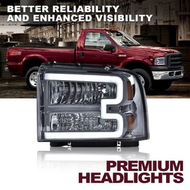 CHEDA LED DRL Headlights Assembly, Compatible with 2005 2006 2007 Ford F250 F350 F450 F550 Super Duty bumper Headlamp(Smoky lens Chrome Housing Amber Reflector) Faros Conjunto De Faros