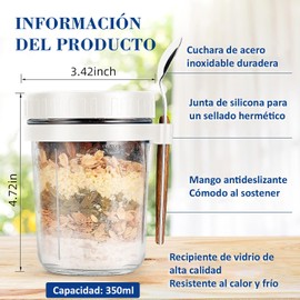U Chef Juego de 2 Recipientes de avena con Tapa y Cuchara, Tarros de Vidrio para Alimentos de 16 onzas, Recipiente Hermético de Avena, Ideal para llevar y Viajar