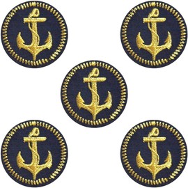 CABODYALS 5Pcs Sailor Appliques Iron on Black Round Nautical Embroidered Patch Gold Anchor Sew on Repair Badge Heat adhesive patches for repairing textile articles Cloth Jean Bags Christmas Diy Supply