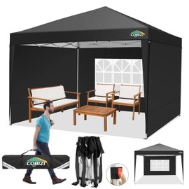 COBIZI 10x10 Pop Up Canopy Tent with 3 Sidewalls, Easy Up Canopy 10x10 Waterproof Commercial Outdoor Gazebo Portable Shelter Instant Tents for Parties,Backyard,Flea Market(Carrying Bag×1