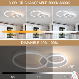 O'NEELDY Modern 3 Ring LED Chandelier Lamp Fixture White 25.59''Dimmable Acrylic Flush Mount Ceiling Lights with Remote Control Ideal for Small Room, Kitchen, Bedroom