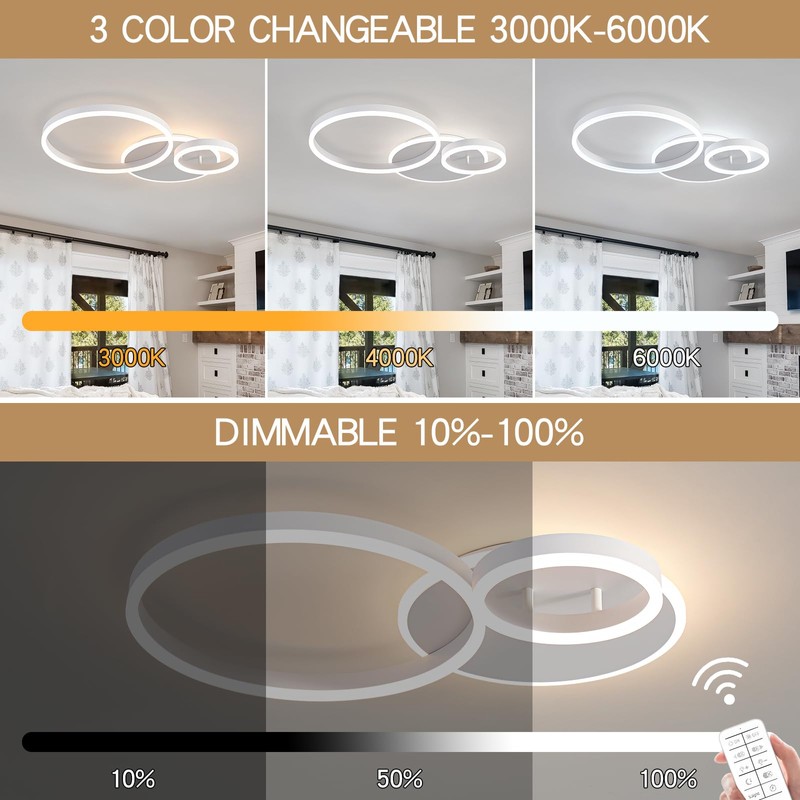 O'NEELDY Modern 3 Ring LED Chandelier Lamp Fixture White 25.59''Dimmable