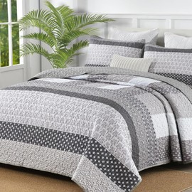 WONGS BEDDING Grey Quilt Twin Size, Bohemian Stripe Quilt Sets 2 Pieces Gray Boho Quilted Bedspread Set Lightweight Microfiber Coverlet Bedding Set All Season (68"×86")