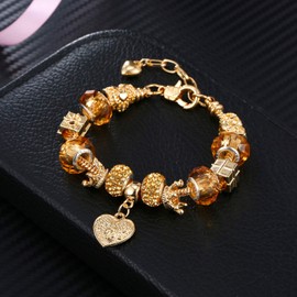 Leprato Gold Plated Heart Crown Charm Pendant Glass Crystal Beaded Bracelet Stunning Jewelry Gift for Women