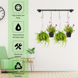 Yoiemivy 2 Set Hanging Planter Bar with 4 Hooks - Hanging Planters for Indoor Plant Window Hanging Plant Shelf Black Metal Wall Mount Plant Hanging Rod Ceiling Plant Holder (Pot & Plant Not Included)