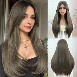 PHOCAS 20" Long Straight Brown Wig with Bangs Middle Part Layered Cool Light Brown Wig Wear and Go Heat-Resistant Natural Synthetic Wigs for Women Daily Party Use