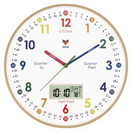 Foxtop Digital and Analog Learning Clock for Kids - Telling Time Teaching Clock 12 Inch Silent Non-Ticking Battery Operated Kids Wall Clock for Kids Room Playroom Nursery Classroom School