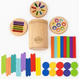 Rakibo Montessori Color Sorting Toy for Toddlers Ages 1-5 – Wooden Fine Motor Skills Toy with Pegs, Sticks, Lids & Discs – Sensory Educational Activity – Gift-Ready in Box Learning Toy