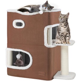 YITAHOME 2-Tier Cat House, Indoor Cat Cave Bed Playhouse, Covered Cat Beds & Furniture with Scratch Pad and Hideaway Cave, Cute Modern Cat Condo Furniture for Multi Small Cats, Blue