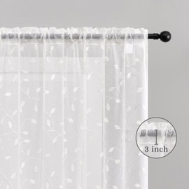 White Leaf Sheer Curtains 90 Inches Long Embroidery Foliage Sheer Curtains for Bedroom Light Filtering Rod Pocket Natural Faux Linen Botanical Floral Voile Crushed Window Drapes, 2 Panels Set, 50x90