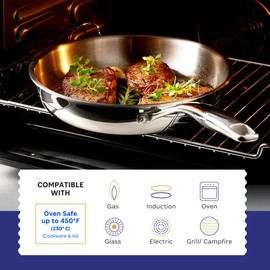 LEGEND COOKWARE 5-Ply, 12 Inch Stainless Steel Frying Pan With Lid | Induction Compatible, Non Toxic Frying Pan | Best Heavy Duty 18/8 Construction | Oven Safe Fast & Even Heat | PFOA PTFE PFOS Free