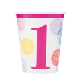Unique 82182 Paper Cups-266 ml-Pink Dots 1st Birthday-8 Count (Pack of 1), Multicolour
