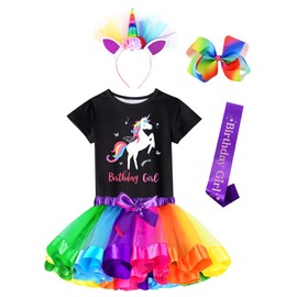 Doctor Unicorn Birthday Girls Unicorn Costume Outfit Rainbow Tutu, Unicorn T-shirt, Satin Sash, Hair Bow & Headband Rainbow/Black Unicorn Shirt, 5-6 Years