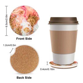 Absorbent Car Coasters 2 Pack for Women/Men,Fashion Luxury Car Coaster for Drinks,Ceramic Stone Car Cup Holder with A Finger Notch,Pink Gold Marble
