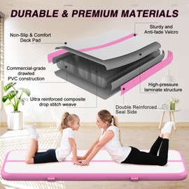 Air Gymnastics Tumbling Mat, 6.6ft/10ft/13ft/16ft/20ft Inflatable Track Mat for Home/Outdoor Training, 4 inch Thick Gym Mat with Electric Pump for Kids & Adults - Pink