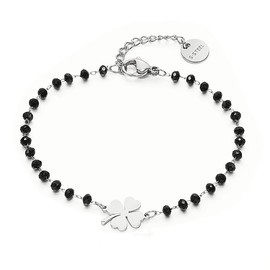 LEEQBCR 1pcs Four Leaf Clover Charm Bracelet Hypoallergenic Stainless Steel with Black Beads Simple Bracelet Bring New Charm to Lucky Jewelry, silver