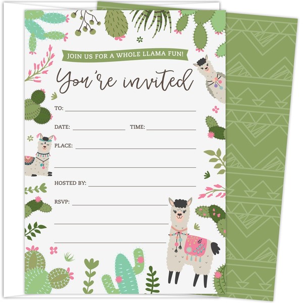 Koko Paper Co. A Whole Llama Fun Party Invitations. Set of 25 Fill-In Style Invites and White Envelopes Featuring Llamas, Colorful Cactus and Floral Accents. Perfect for Birthdays or Any Events.