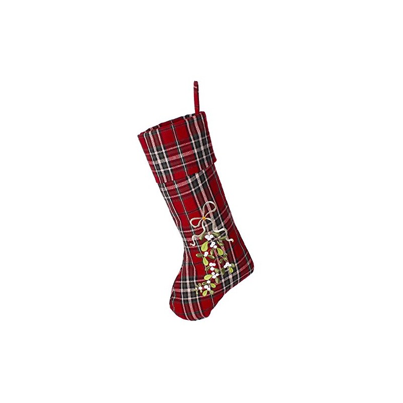 Dibor Festive Tartan Stocking with Mistletoe Embellishment and Hanging Loop