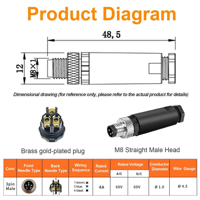 10Pcs M8 3-Pin Male Aviation Connector Industrial A-Code Plug Waterproof