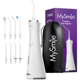 MySmile LP211 Cordless Water Flossers, Portable Rechargeable Oral Irrigator for Teeth Cleaning, 5 Cleaning Modes, IPX7 Waterproof, 8 Replacement Tips and a Storage Pouch (Pearl White)